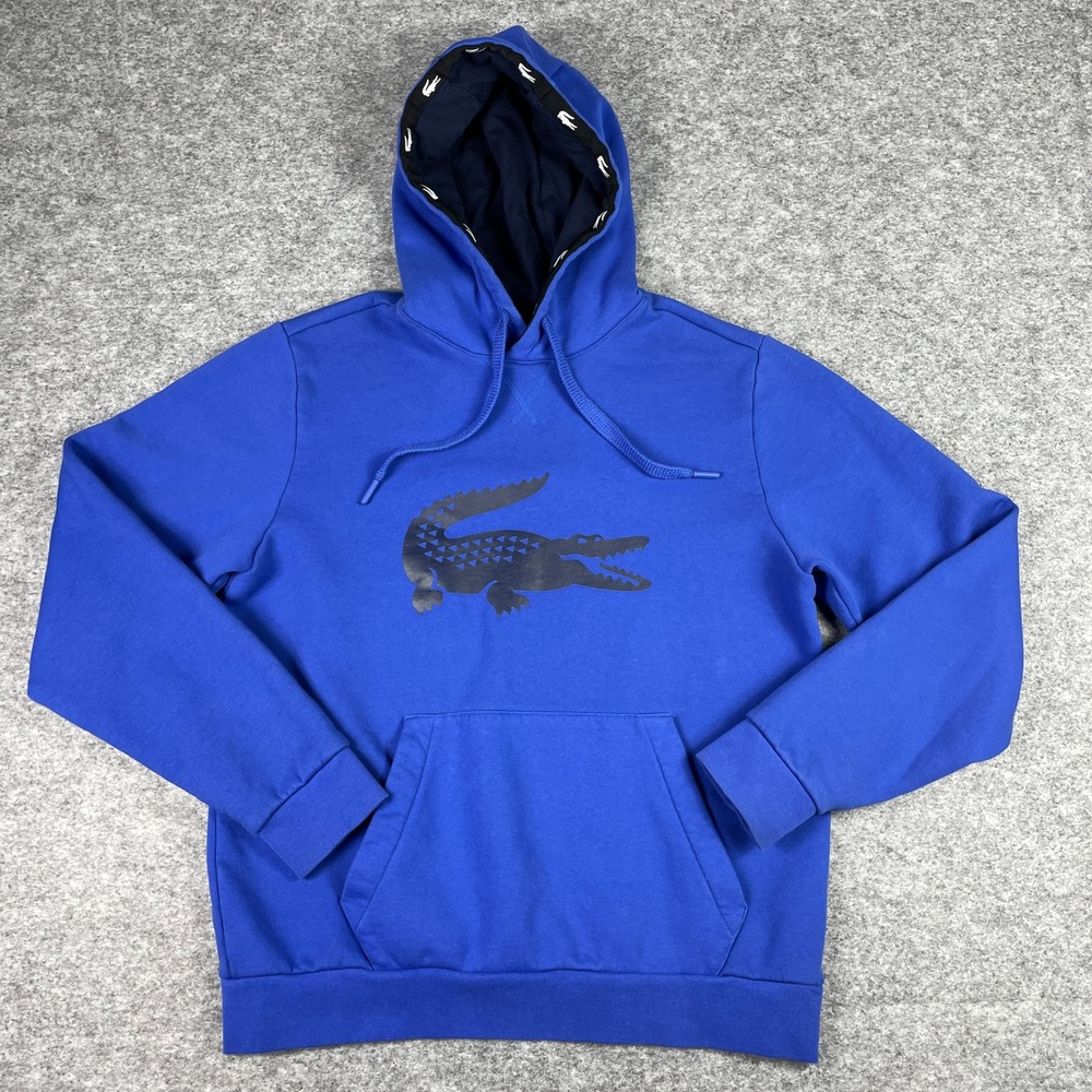Lacoste Sport Hoodie Mens M Blue Oversized Crocodile Fleece Sweatshirt Preppy